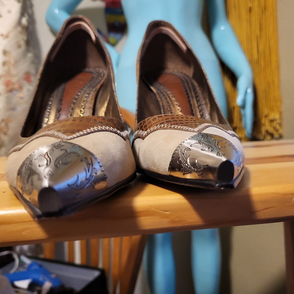 Chic Beige and Brown Women's Heels with Silver Accents - Picture 11 of 14